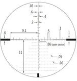Technical diagram of the Vortex EBR-2C MOA glass-etched first focal plane reticle detailing precise windage holdovers and elevation grid lines
