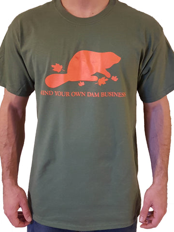 Short Sleeve Mind Your Own Dam Business T-Shirt - Olive Drab & Blaze Orange